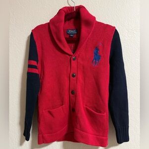 Polo Ralph Lauren Boys Shawl Collar Cardigan Red Navy Size 7 NWT